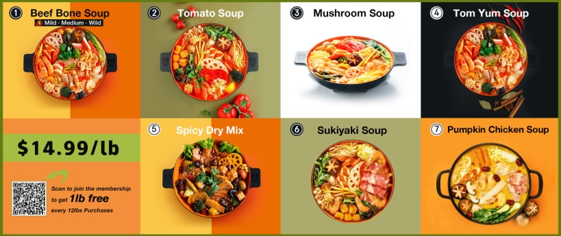 Fire Wok Hot Pot menu board showing 7 signature soup options