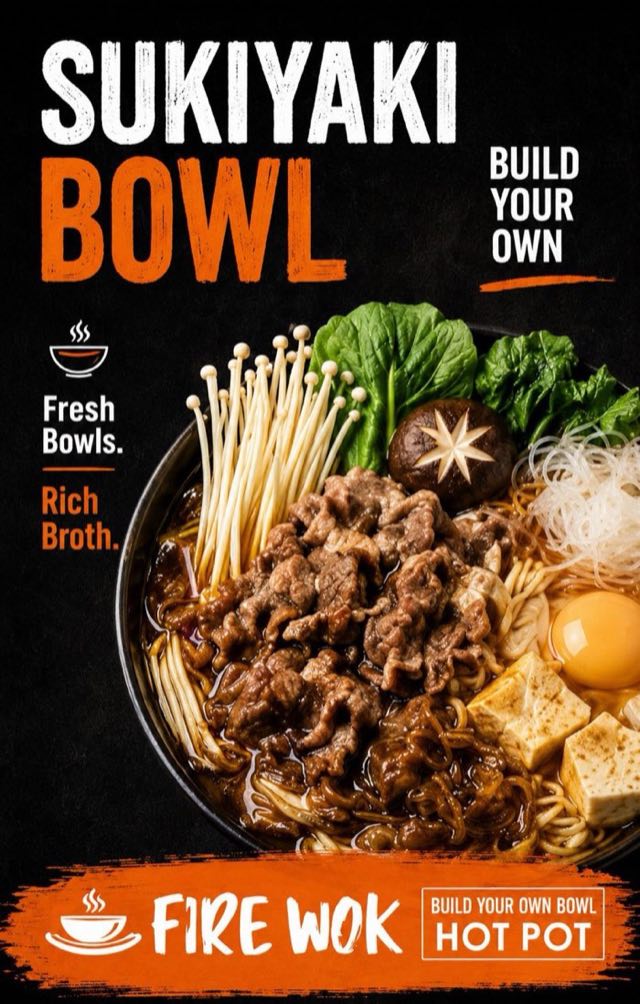 Sukiyaki build-your-own bowl with sliced beef, enoki mushrooms, tofu, greens and egg