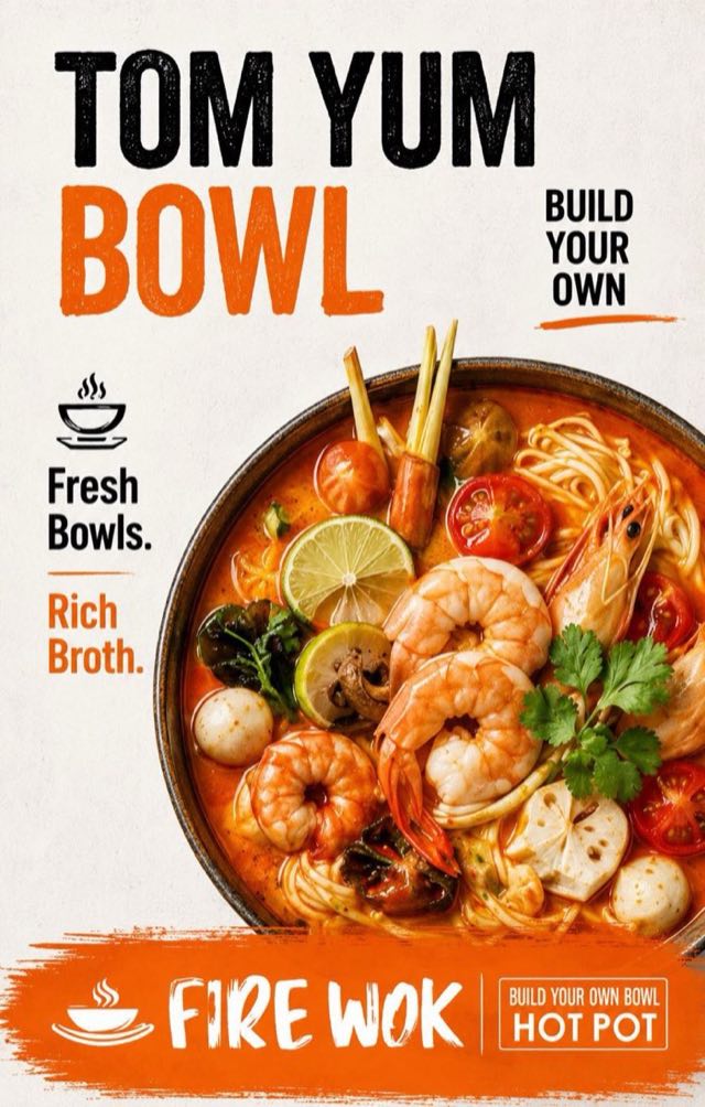 Tom Yum build-your-own bowl with shrimp, noodles, lime, tomato and lotus root