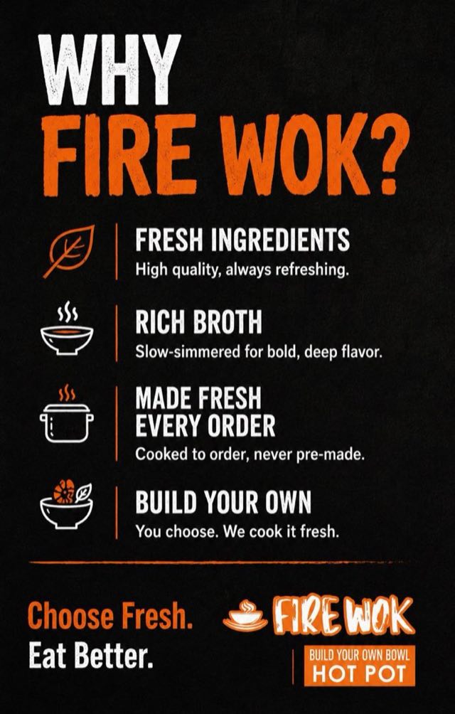 Why Fire Wok — fresh ingredients, rich slow-simmered broth, made fresh every order, and build-your-own bowls